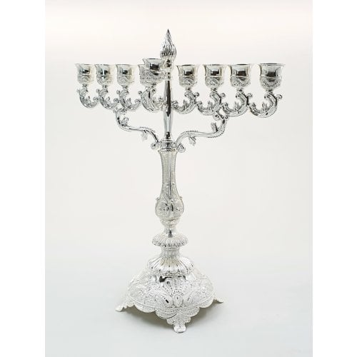 Large Silver Plated Chanukah Menorah, Filigree Design with Flame - 15.3 Inches