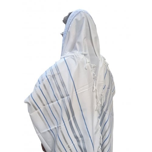 Noam Acrylic Tallit Prayer Shawl  Light Blue and Silver Stripes