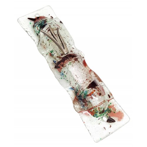 Opaque Glass Mezuzah Case with Pewter Shin and Multicolor Abstract Design