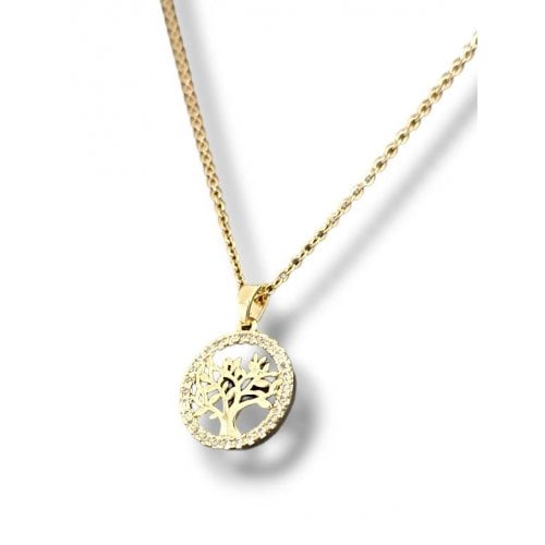 Pendant Necklace, Tree of Life in Circular Frame, Gold  Rhodium