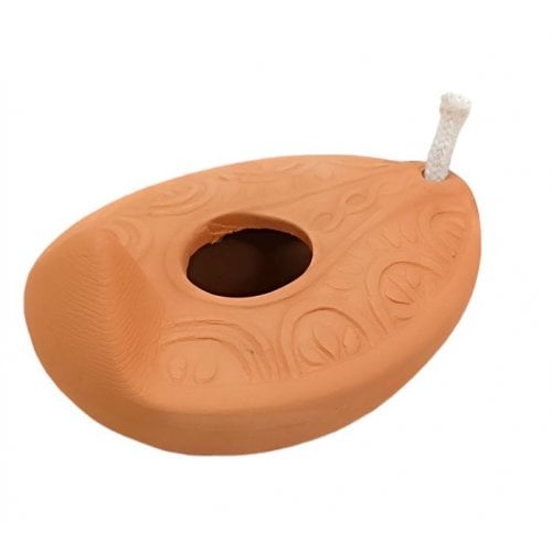 Replica of Ancient Biblical Clay Oil Lamp - Decorative Leaf Engravings