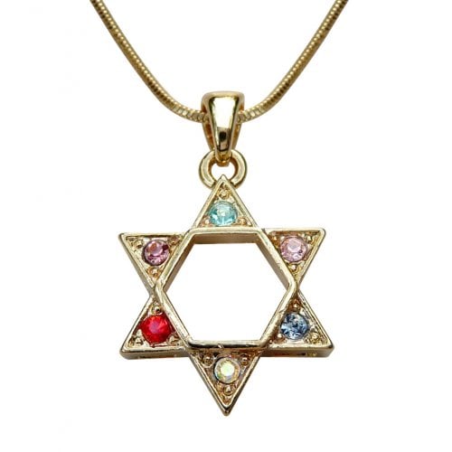 Rhodium Pendant Necklace, Gold Star of David with Colored Stones