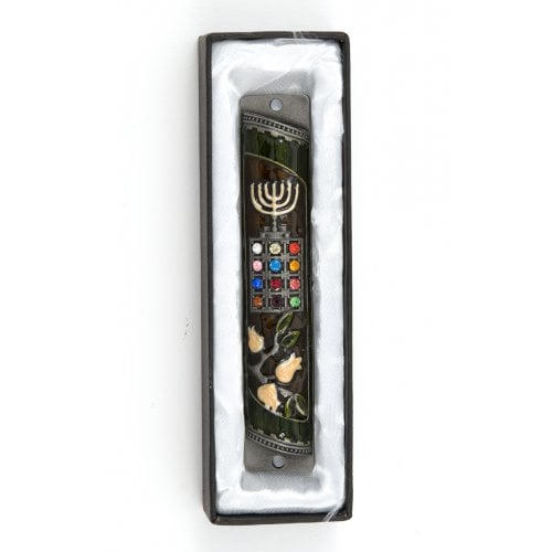 Rounded Mezuzah Case with Colorful Hoshen Breastplate and Menorah - Brown