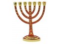 Seven Branch Gold Menorah, Red Enamel Plated with Judaic Symbols - 9.5