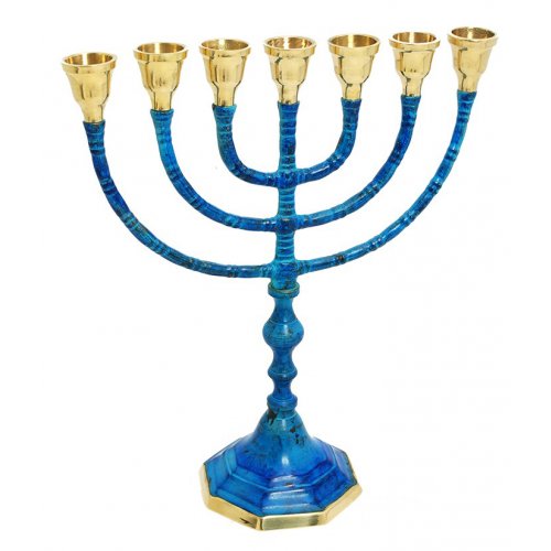 Seven Branch Menorah, Brass with Deep Blue Patina and Gold Finish  10