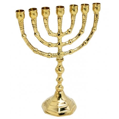 Seven Branch Menorah with Decorative Branches, Gleaming Gold Brass - 8