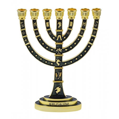 Seven-Branch Menorah, Gold Judaic Motifs on Dark Green Enamel - 9.5