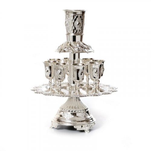 Silver Plated Raised Kiddush Fountain, Eight Stem Cups - Decorative Oval Motif