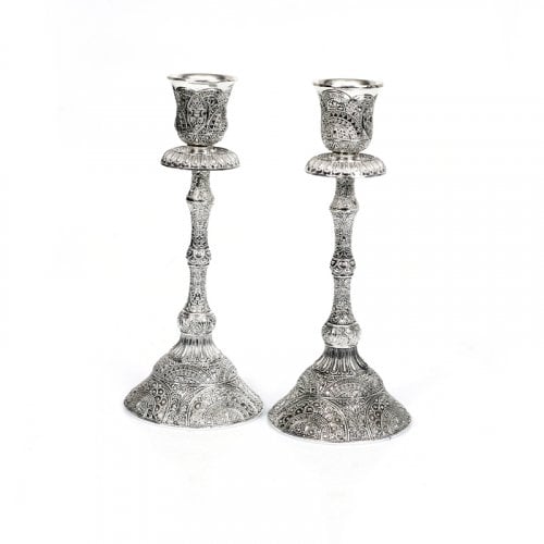 Silver Plated Stem Shabbat Candlesticks, Filigree Design - Eight Inches Height