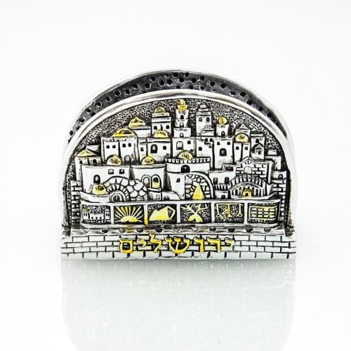Silver Plated with Gold Accents Business Card Holder - Jerusalem, Twelve Tribes