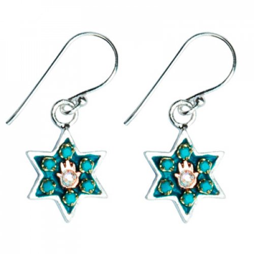Silver Star of David Earrings with Hamsa by Ester Shahaf