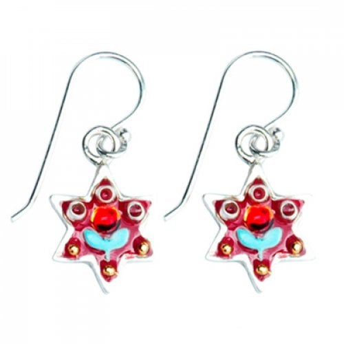 Silver Star of David Earrings with Red Flower by Ester Shahaf