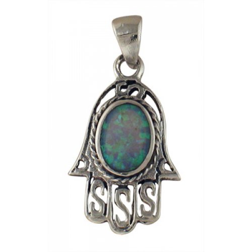 Silver and Opal Filigree Hamsa Pendant
