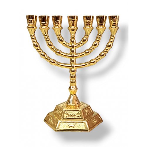 Small Gold Seven Branch Menorah with Twelve Tribes Design on Base