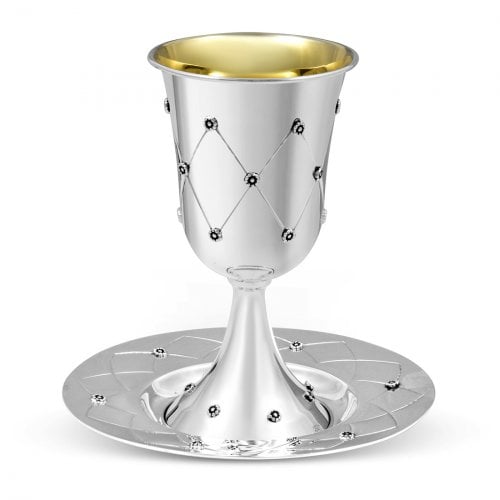 Sterling Silver Kiddush Goblet with Matching Plate - Diamond Flower Design
