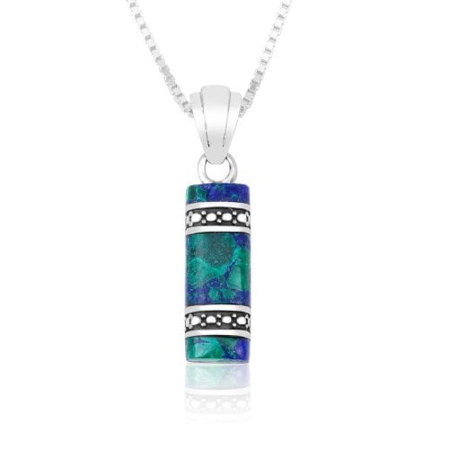 Sterling Silver Necklace with Eilat Stone Pendant and Beaded Artwork Stripes