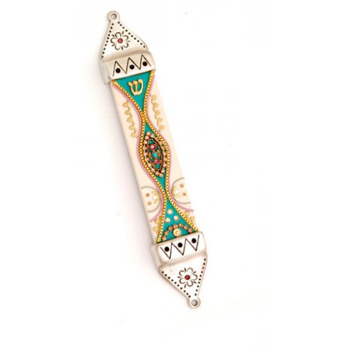 Teal & White Pewter Mezuzah by Ester Shahaf
