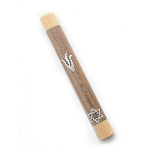 Two Tone Brown Wood Mezuzah Case  Silver Pewter Flame Shin and Star of David