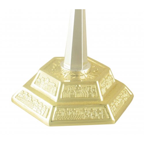 Two Tone Silver and Gold 7-Branch Menorah, Jerusalem Images  8.6 Height
