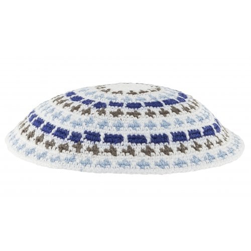 White DMC knitted kippah with Olive, Blue and White Stripes