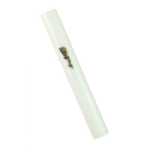 White Wood Rounded Mezuzah Case  Divine Name Decoration in Gold Pewter