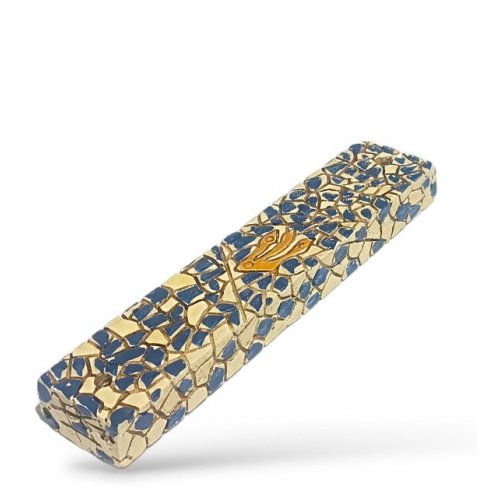 Wood Mezuzah Case with Mosaic Design, Blue and Cream - Gold Shin