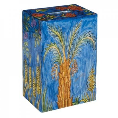 Yair Emanuel Hand Painted Rectangle Tzedakah Charity Box - Seven Species