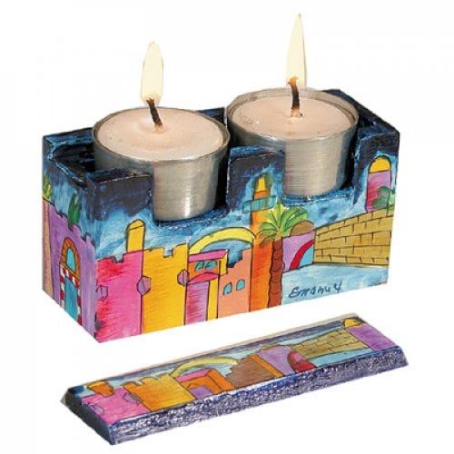 Yair Emanuel Hand Painted Travel Shabbat Candlesticks in Wood Box - Jerusalem
