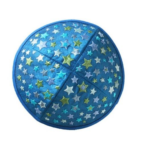Yair Emanuel Kippah for Children  Embroidered Colored Stars on Blue