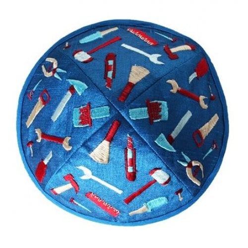 Yair Emanuel Kippah for Children  Embroidered Tools on Blue