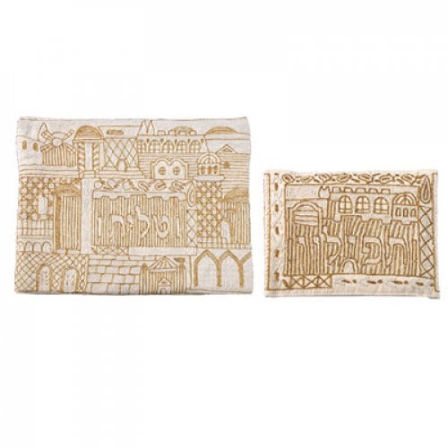 Yair Emanuel Raw Cotton Gold Tallit & Tefillin Bag  Embroidered Jerusalem Scene