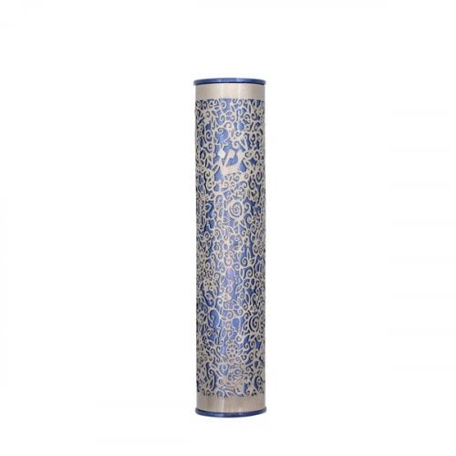 Yair Emanuel Rounded Mezuzah Case with Cutout Pomegranates - Silver on Blue