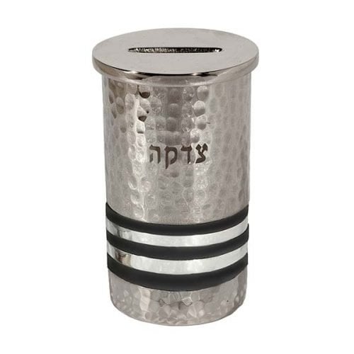 Yair Emanuel Silver Hammered Nickel Round Charity Box - Black and Silver Rings