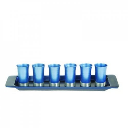 Yair Emanuel Six Anodized Aluminum Kiddush Cups and Tray  Metallic Colors