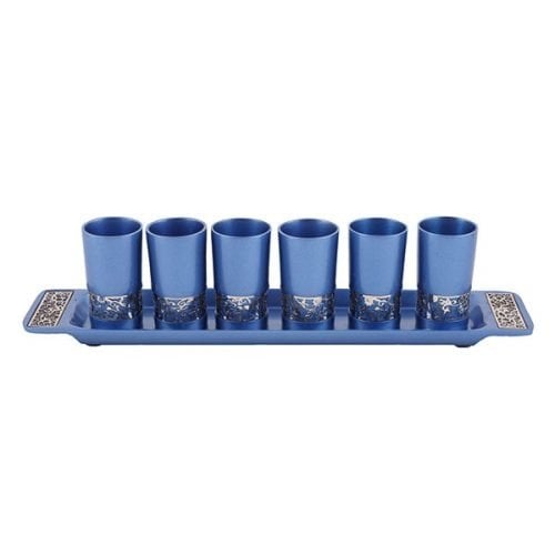 Yair Emanuel Six Small Kiddush Cups with Tray, Pomegranate Cutout - Blue