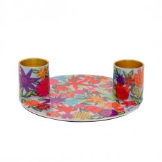 Yair Emanuel Small Candle Holders on Attached Tray - Colorful Flower Design