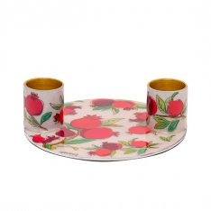 Yair Emanuel Small Candle Holders on Attached Tray - Pomegranate Design