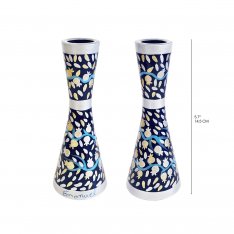 Yair Emanuel Stainless Steel Candlesticks - Silver Pomegranates on Blue