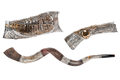 Decorative Yemenite Shofar with Sterling Silver Jerusalem and Pomegranate Images
