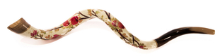 Collectors Hand Painted Yemenite Shofar - Pomegranate on White