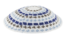 White DMC knitted kippah with Olive, Blue and White Stripes