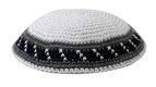 White Knitted Cotton Kippah with Gray Stripes Border Design