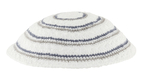 White DMC Knitted Kippah with Narrow Gray and Blue Circular Stripes