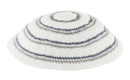 White DMC Knitted Kippah with Narrow Gray and Blue Circular Stripes