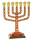Seven Branch Menorah with Jerusalem Images & Judaic Motifs, Red and Gold - 9.5