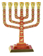 Seven Branch Menorah with Jerusalem Images & Judaic Motifs, Red and Gold - 9.5