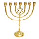 Seven Branch Menorah on Stem, Gold Colored Brass, Star of David - 11