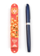 Rounded Mezuzah Case with Jerusalem, Menorah and Star of David - Gold and Red