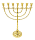 Extra Large Seven Branch Menorah on Stem, Gleaming Gold Colored Brass - 18