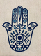 Ivory-Colored Table Runner with Hamsa Hand Design and Protective Eye - Blue
